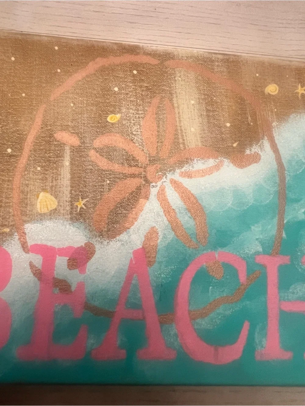 Hand Painted 12”x9” Beach Sand Dollar Wall Art Canvas in Pink and Teal